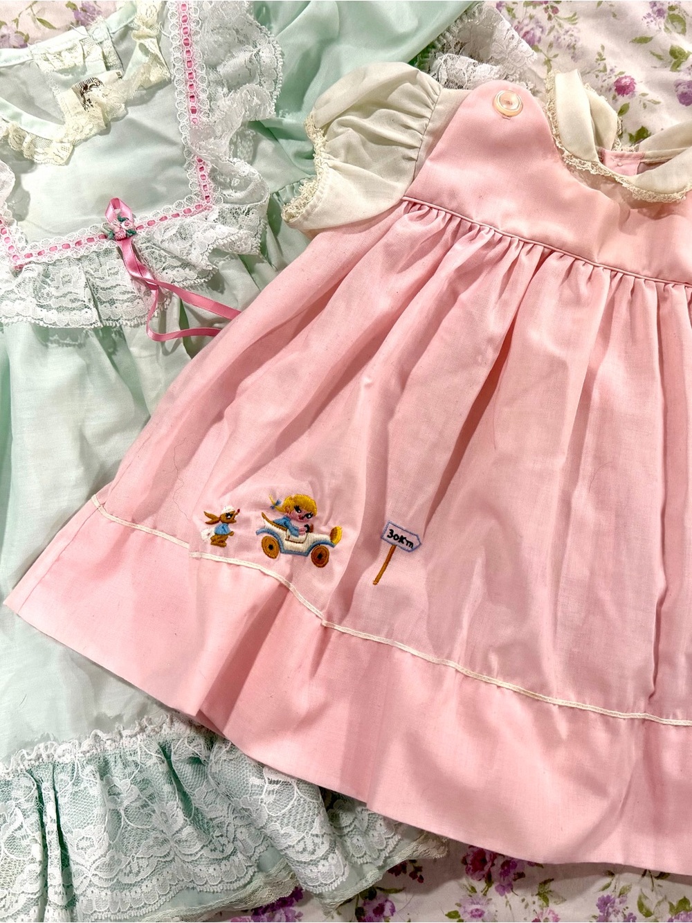Pink and Teal Embroidered Dresses with Cream Puff Sleeves